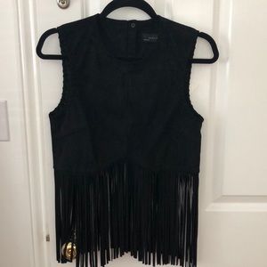 Western Boohoo Suede soft black  Fringe Crop Top